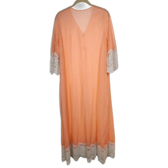 Vintage 60s 70s Robe Duster Flowy Glam BOHO Bell Sleeve Sheer Lace Coral Peach S - Picture 11 of 16